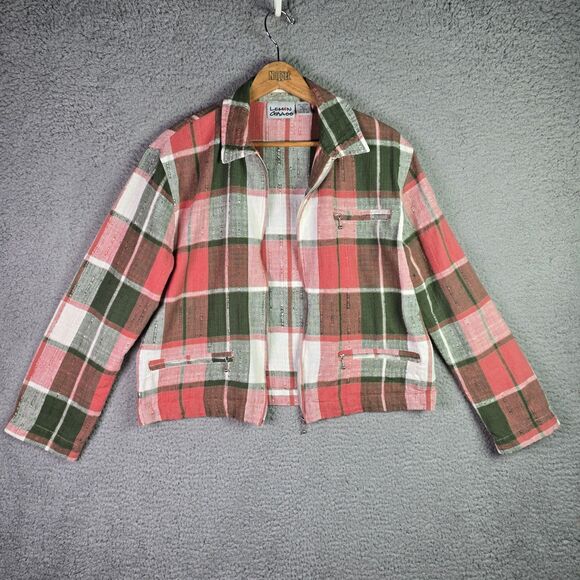 Plaid Crop Jacket Lemon Grass 14 Pink Green 100% Cotton Retro Zip Fall Vintage - Picture 4 of 11